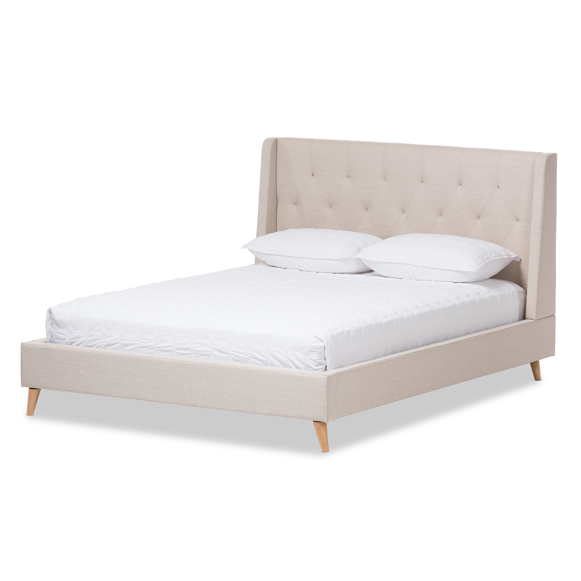 Beige upholstered deals platform bed king